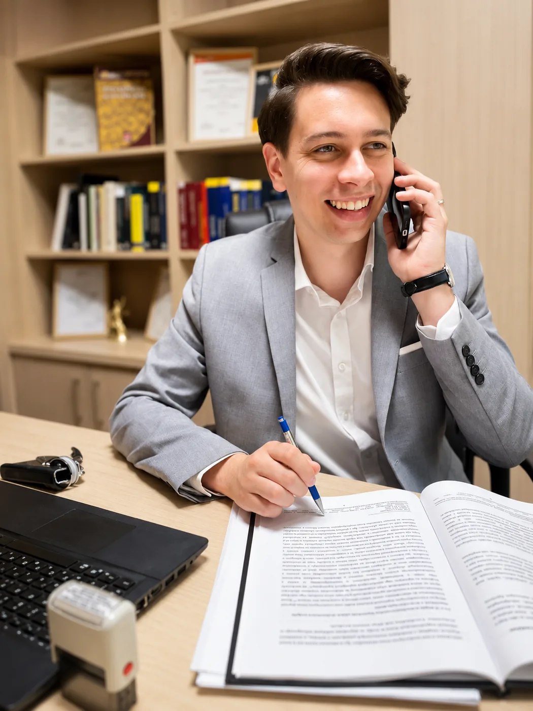 Dr. Bartos Ádám ügyvéd telefonos konzultáció közben mátészalkai irodájában